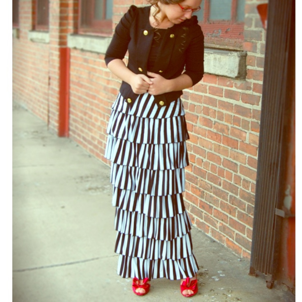 Dainty Jewell’s Black & white striped ruffle maxi